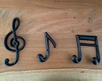 Set Of 3 Cast Iron Musical Wall Hook Notes Rustic Hook Nursery Hook Wall Decor Treble Clef Hook Crochet Note Beam Note Clothing Wall Hooks