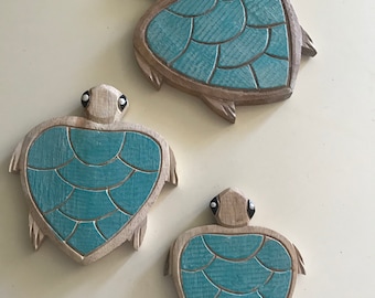 Wooden Turtle Wall Decor Set, Blue Distressed Coastal Ornament