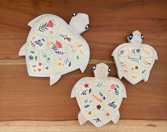 Floral Wooden Turtle Wall Hanging Set, Coastal Decor