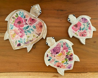 Floral Wooden Turtle Wall Decor, Set of 3, Coastal Beach House Ornament