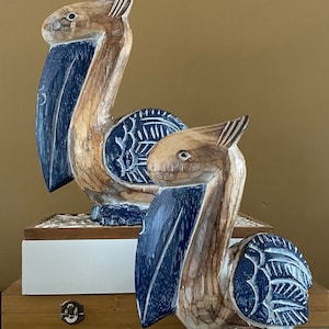 Coastal Wooden Sitting Pelicans Set Of 2 Blue Navy White Statue distress Figurine Decorative Statue Beach house Gift Idea Coastal Vibe