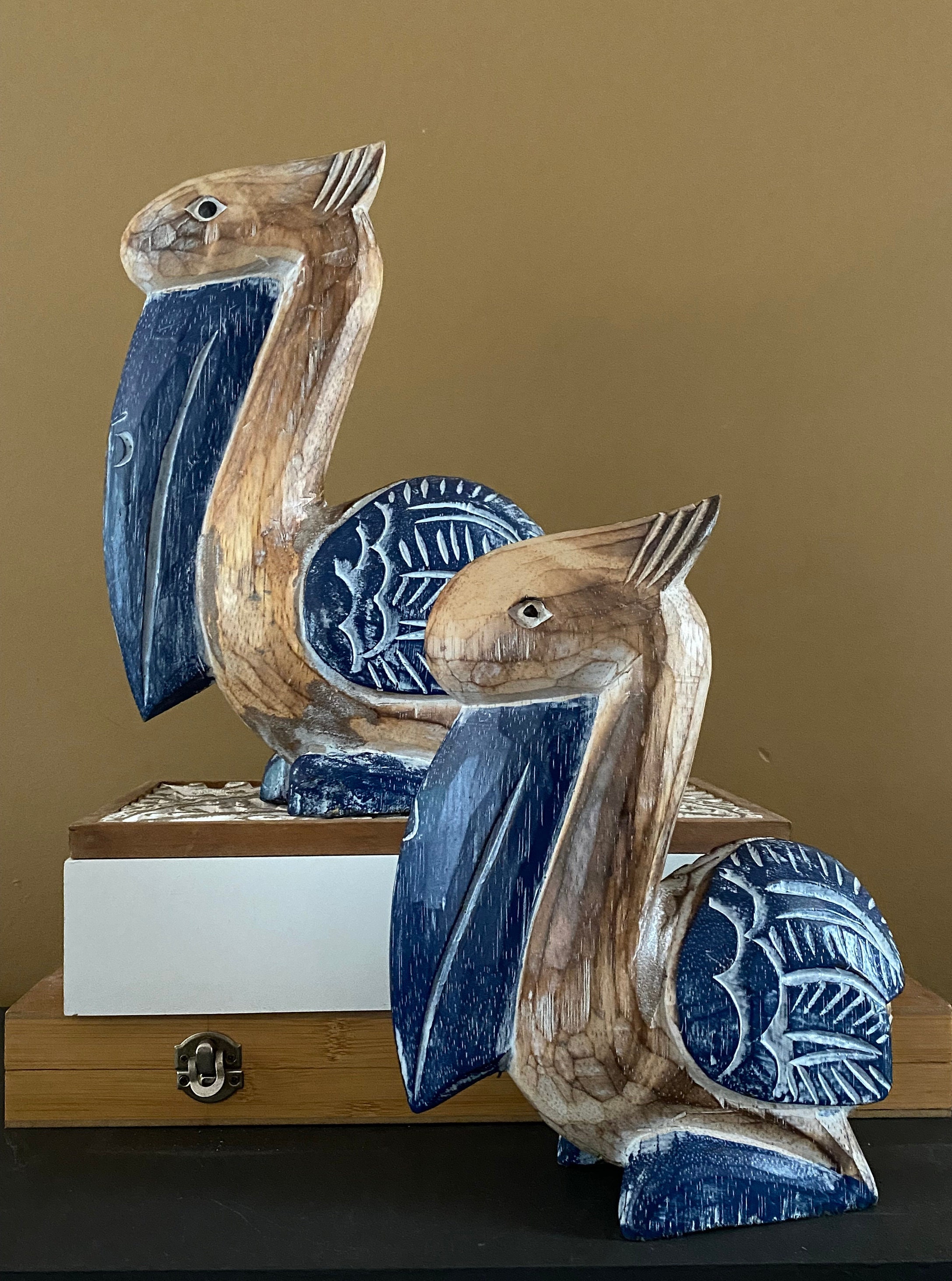 Coastal Wooden Sitting Pelicans Set Of 2 Blue Navy White Statue distress Figurine Decorative Statue Beach house Gift Idea Coastal Vibe