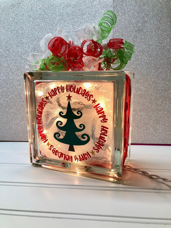 Happy Holidays Lighted Block Christmas Decor Glass Block Etsy