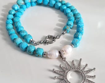ネックレス・ペンダント Pearl and Turquoise Combi Necklace #9717 Necklace of Natural Turquoise, Pearl & Pendant Sunrise