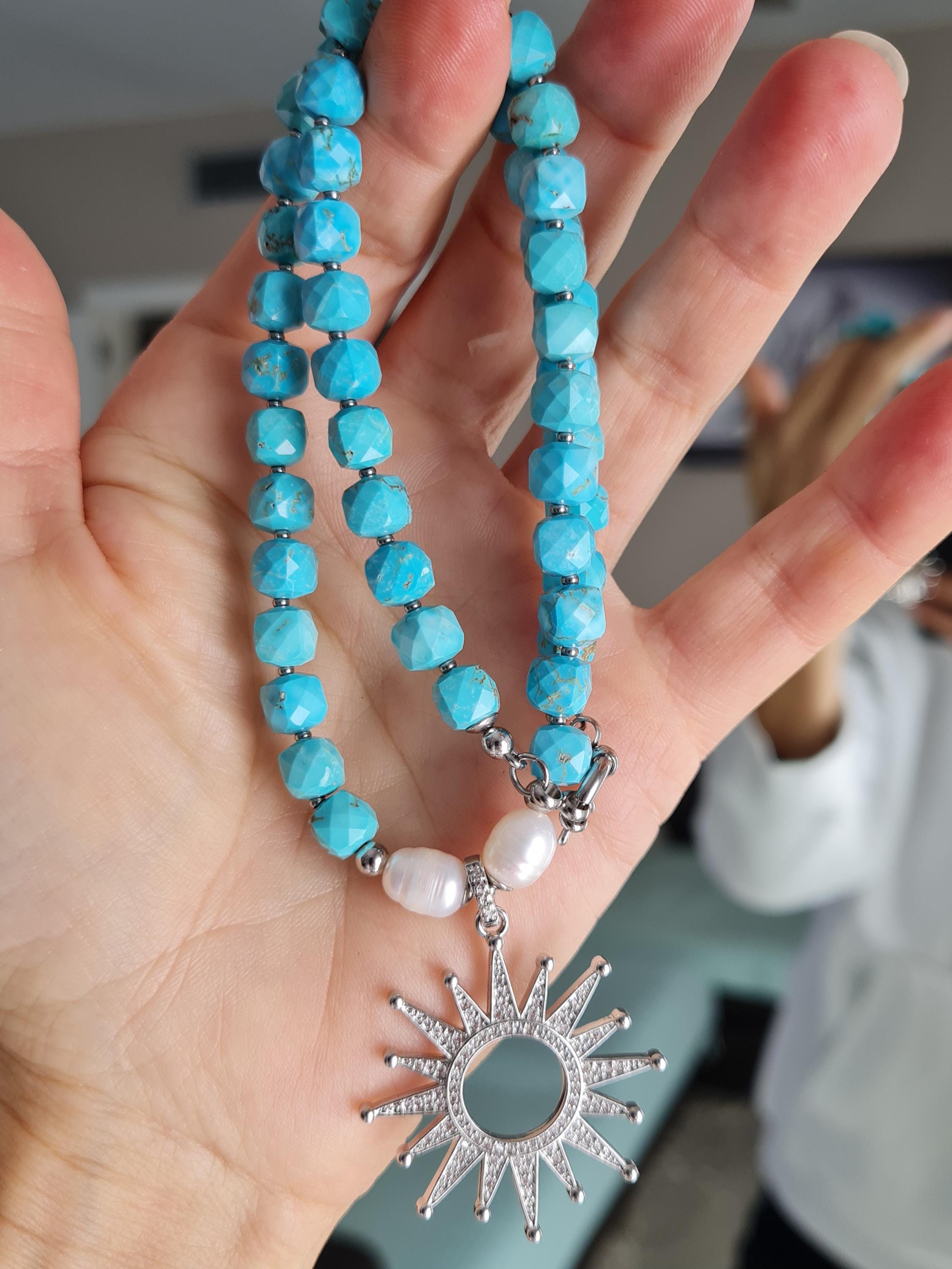 ネックレス・ペンダント Pearl and Turquoise Combi Necklace #9717 Necklace of Natural Turquoise, Pearl & Pendant Sunrise