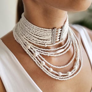 OOAK Bridal White Choker Necklace, Multi Strand Beaded Collar, Statement Wedding Jewelry for Bride, Freshwater Pearl Brass Zircon Choker