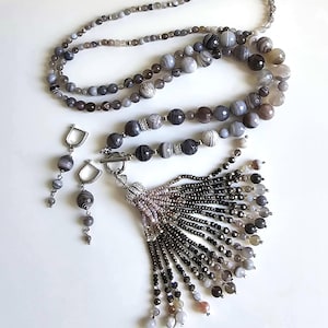 Sautoir Necklace & Earrings of Natural Botswana Agate and Handcrafted Tassel, Unique handmade large necklace. Artisan accessory for women.