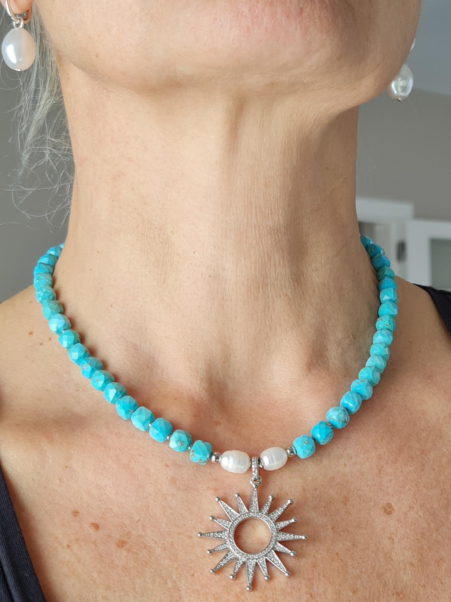 Necklace of Natural Turquoise, Pearl & Pendant Sunrise