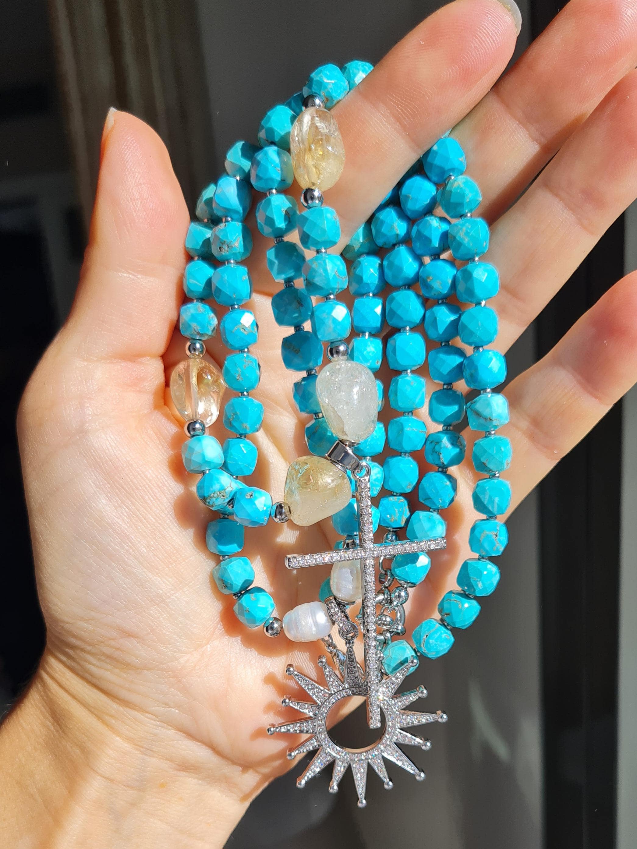 ネックレス・ペンダント Pearl and Turquoise Combi Necklace #9717 Necklace of Natural Turquoise, Pearl & Pendant Sunrise