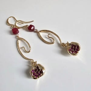 Gold-Plated Pomegranate Fruit Pendant with Ruby Zirconia Accents & Natural Red Chalcedony Drop Earrings.