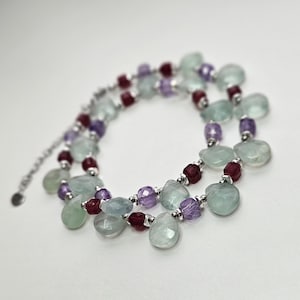 OOAK Natural Fluorite, Amethyst, Ruby Statement Necklace, Chunky Beaded Necklace, Handmade Luxury Jewelry