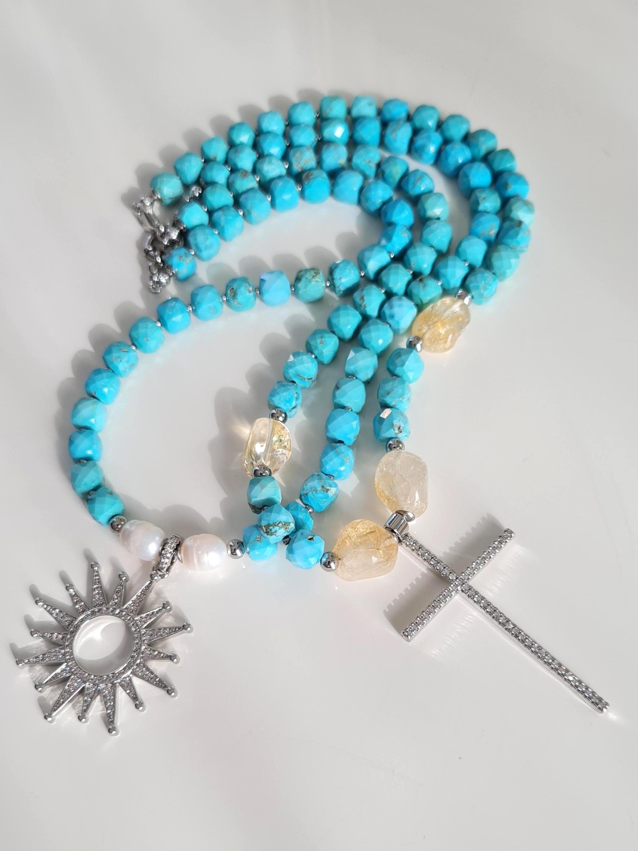 ネックレス・ペンダント Pearl and Turquoise Combi Necklace #9717 Unique Diamond Set Pearl and Turquoise Necklace in White