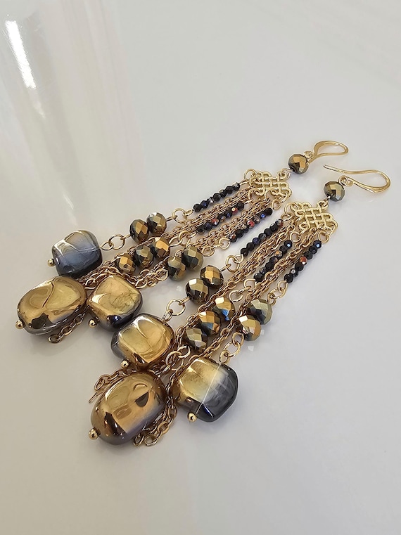 Waterfall Luxury Gold & Black Dangle Earrings. Long Tassel  Gold Drop Waterfall Chain Teardrop Dangle Statement Earrings main image 0