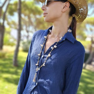 One of a Kind Long Boho Necklace with Natural Seashells and Gemstones, Rustic Coconut Bead Layering Necklace with Tassel,