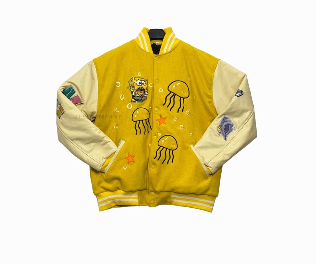 Jacket Sponge Bot Custom Made Spongebob Squarepants Cartoon Patches on Varsity Jacket ...