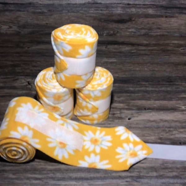 Horse Polo Wraps, Set of 2 or 4, Horse Leg Wraps, Daisy Polo Wraps, Polo Wraps for Horses, Mini, Pony, Lamb Shag Wraps, Yellow Polo Wraps