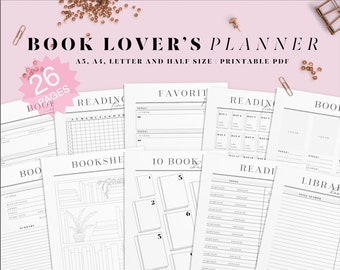 May include: A printable planner for book lovers with 26 pages. The planner includes sections for reading trackers, logs, bookshelf inventory, favorite authors and quotes, and reading challenges. The planner is available in A5, A4, letter, and half sizes.