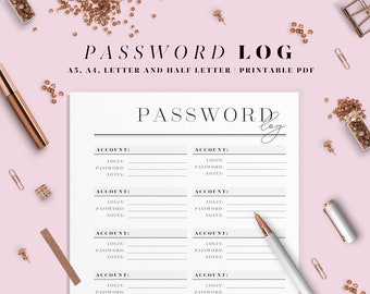 Password tracker A4, A5, Letter and Half letter size inserts. Printable password log keeper.