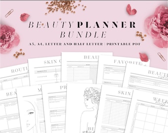 Beauty routine printable planner. Self care journal. Skincare routine. 12 Pages. A4, A5, Letter and Half letter size inserts.