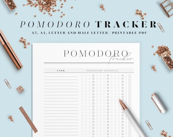 Pomodoro tracker printable. Productivity planner A4, A5, Letter and Half letter size inserts.