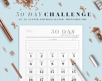 30 day challenge printable planner pages. Bullet journal worksheet template. A4, A5, Letter and Half letter size inserts.