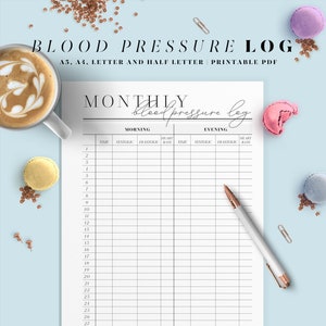 May include: A printable monthly blood pressure log with columns for time, systolic, diastolic, and heart rate. The log is divided into morning and evening sections.