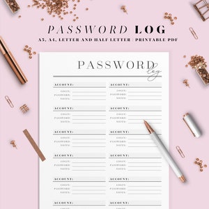 Pode incluir: Um registo de senhas imprimível com um design preto e branco. O registo tem seções para o nome da conta, login, senha e notas. O texto "PASSWORD log" está no topo da página.