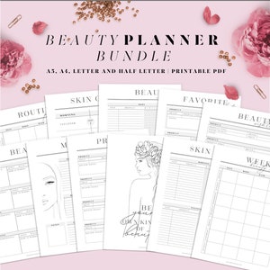 May include: A printable beauty planner bundle in black and white with a floral design. The bundle includes a skin care routine, beauty routine, weekly beauty routine, makeup routine, product inventory, favorite products, skin care routine recommendations, routine planner, beauty DIY, beauty wishlist, planner cover, and dashboard.