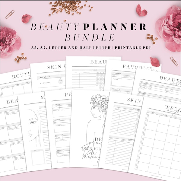 Beauty routine printable planner. Self care journal. Skincare routine. 12 Pages. A4, A5, Letter and Half letter size inserts.