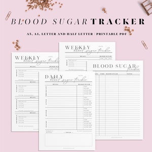 May include: Printable blood sugar tracker in black and white. The tracker includes a weekly and daily log for tracking blood sugar levels, meals, and notes. The tracker is available in A5, A4, Letter, and Half Letter sizes.