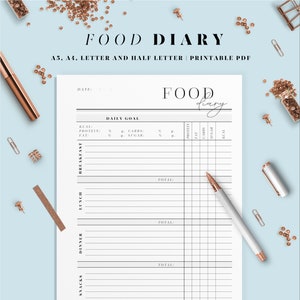 Daily food journal printable template. Macro tracker and calorie counter. A4, A5, Letter and Half letter size inserts.