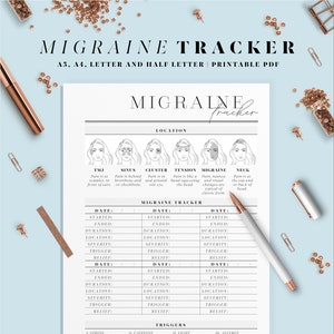Migraine  tracker. Chronic pain and symptom tracker. A4, A5, Letter and Half letter size printable inserts.