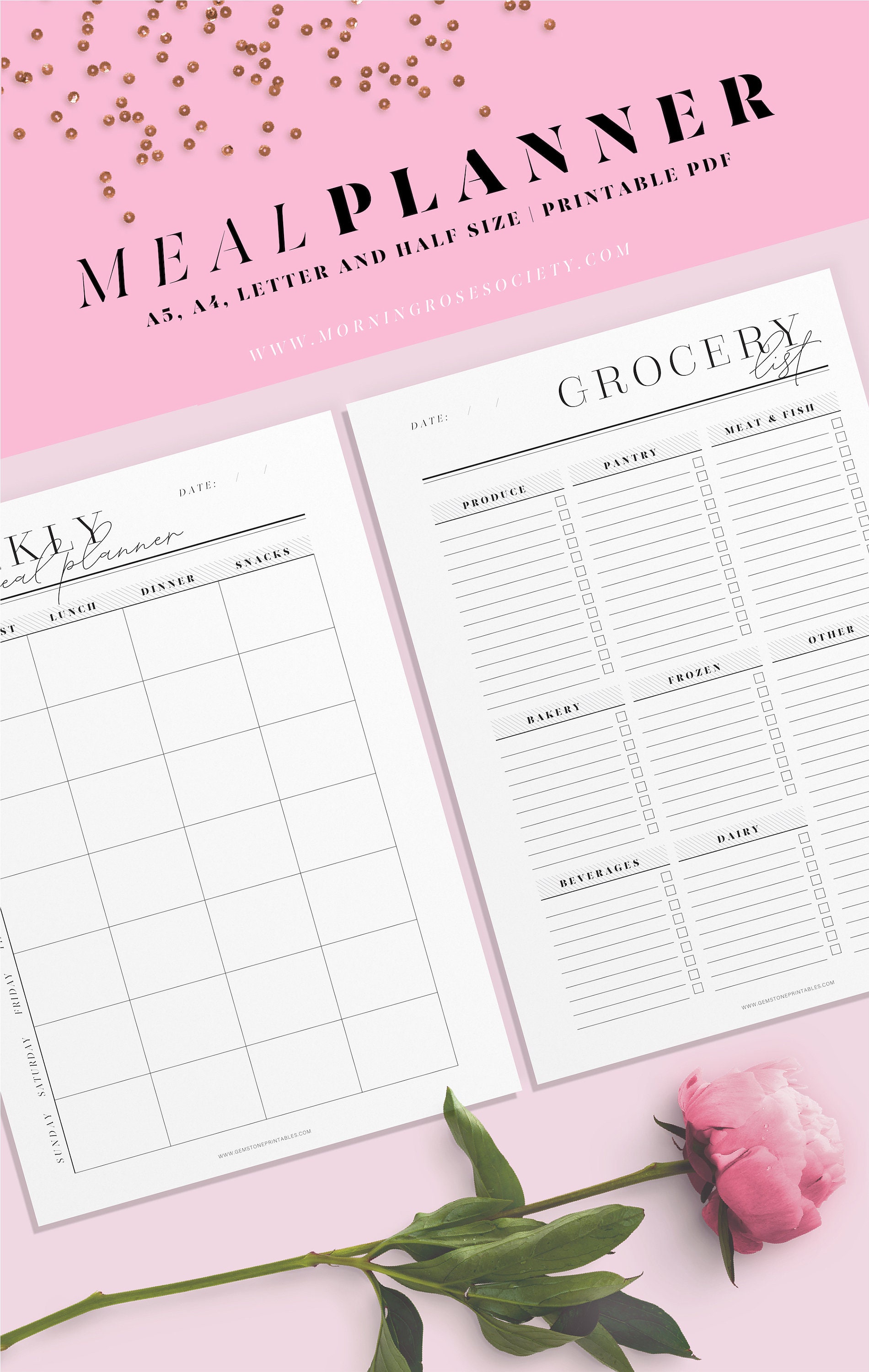Grocery List and Weekly Meal Planner Printable Pages. A4, A5, Letter ...