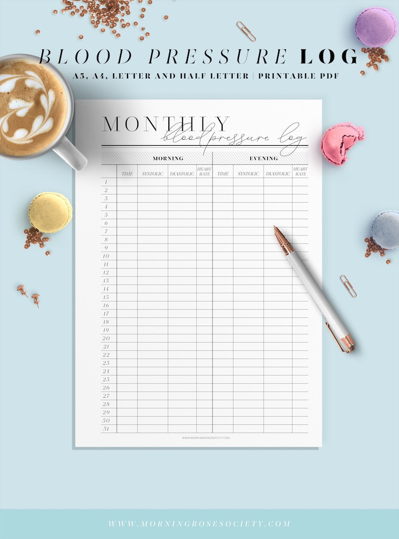 Blood Pressure Log Printable Template. A4, A5, Letter and Half Letter ...