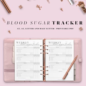 May include: A printable blood sugar tracker in a weekly format. The tracker is designed for use in a binder and includes sections for meals, blood sugar readings, and notes. The tracker is available in A5, A4, letter, and half letter sizes.