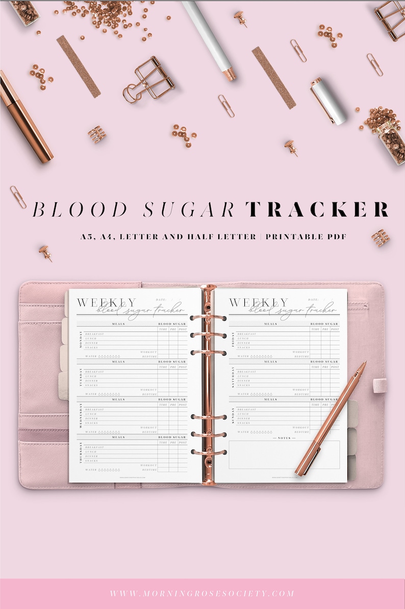 May include: A printable blood sugar tracker in a weekly format. The tracker is designed for use in a binder and includes sections for meals, blood sugar readings, and notes. The tracker is available in A5, A4, letter, and half letter sizes.