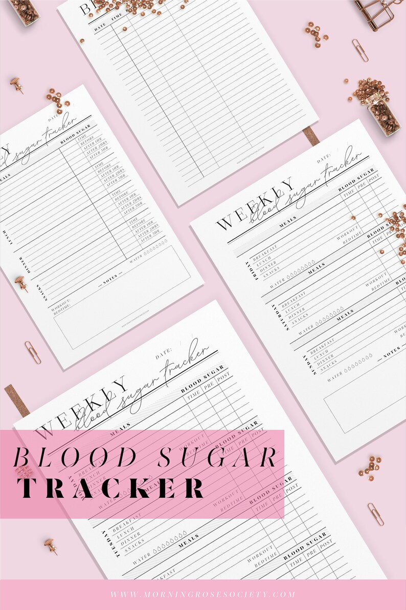 May include: A printable weekly blood sugar tracker with sections for meals, workout, bedtime, and notes. The tracker includes space to record blood sugar levels before and after meals, workouts, and bedtime.