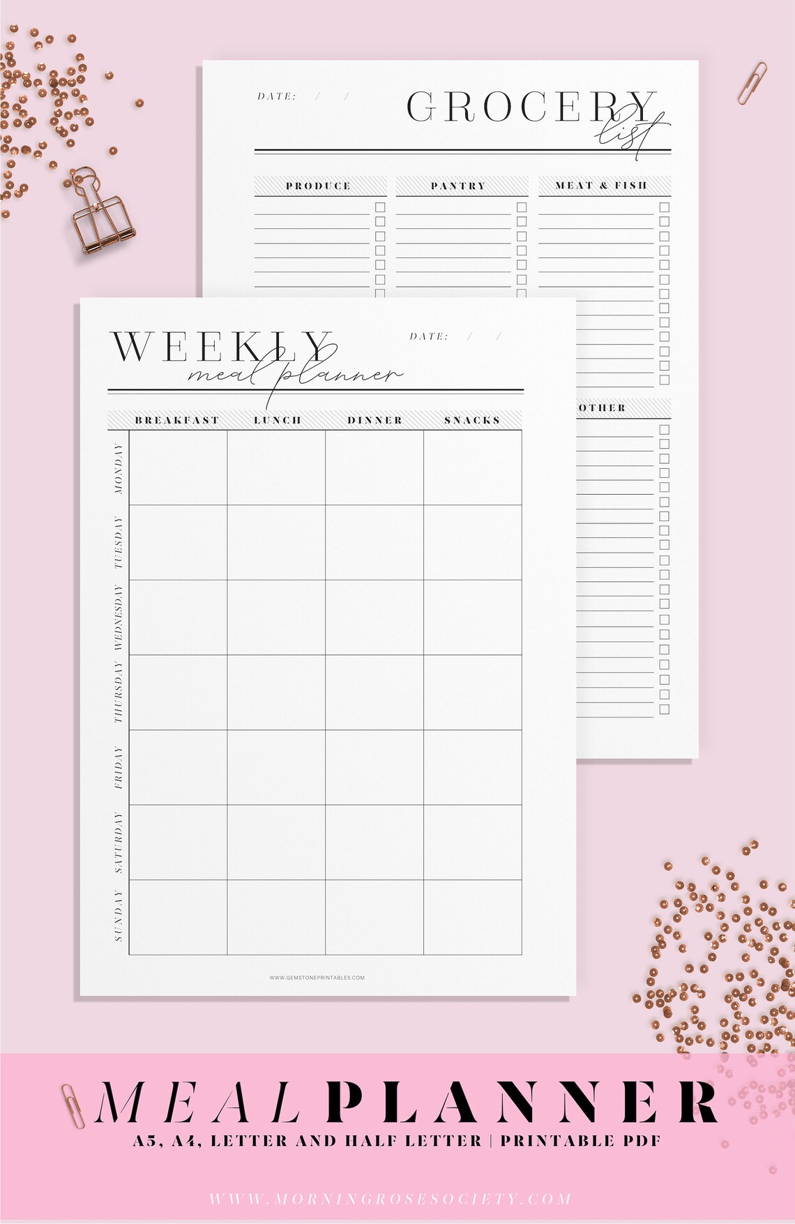 Grocery List and Weekly Meal Planner Printable Pages. A4, A5, Letter ...