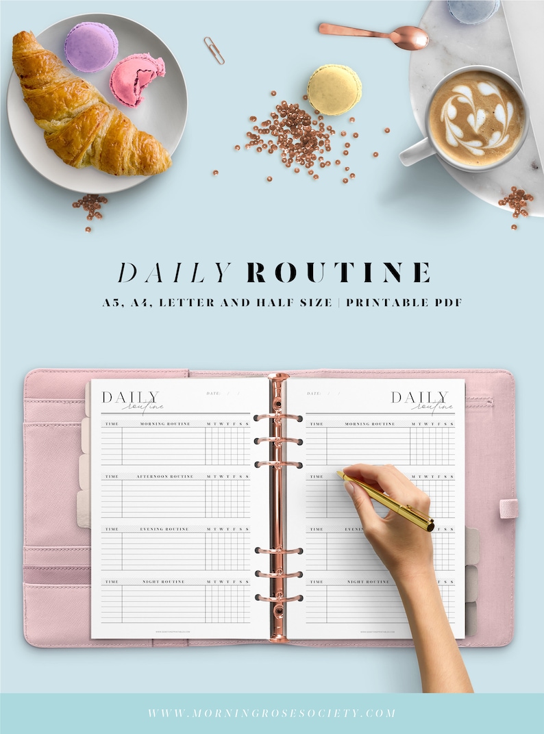 May include: A pink binder with two white pages open to a daily routine planner. The planner has sections for morning, afternoon, evening, and night routines. The text "DAILY routine" is at the top of the page.