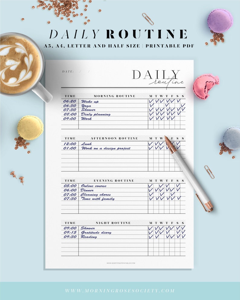 May include: A printable daily routine planner with a black and white design. The planner includes sections for morning, afternoon, evening, and night routines. Each section has a time column and a column for each day of the week. The planner is titled "Daily Routine" and includes the text "A5, A4, Letter and Half Size Printable PDF".