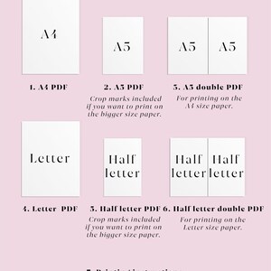 May include: A graphic showing the different sizes of printable PDFs included in a digital download. The sizes include A4, A5, Letter, and Half Letter. The graphic also includes information about crop marks and double-sided printing.