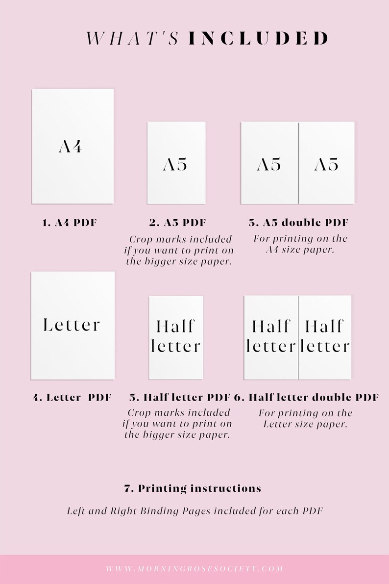 May include: A graphic showing the different sizes of printable PDFs included in a digital download. The sizes include A4, A5, Letter, and Half Letter. The graphic also includes information about crop marks and double-sided printing.