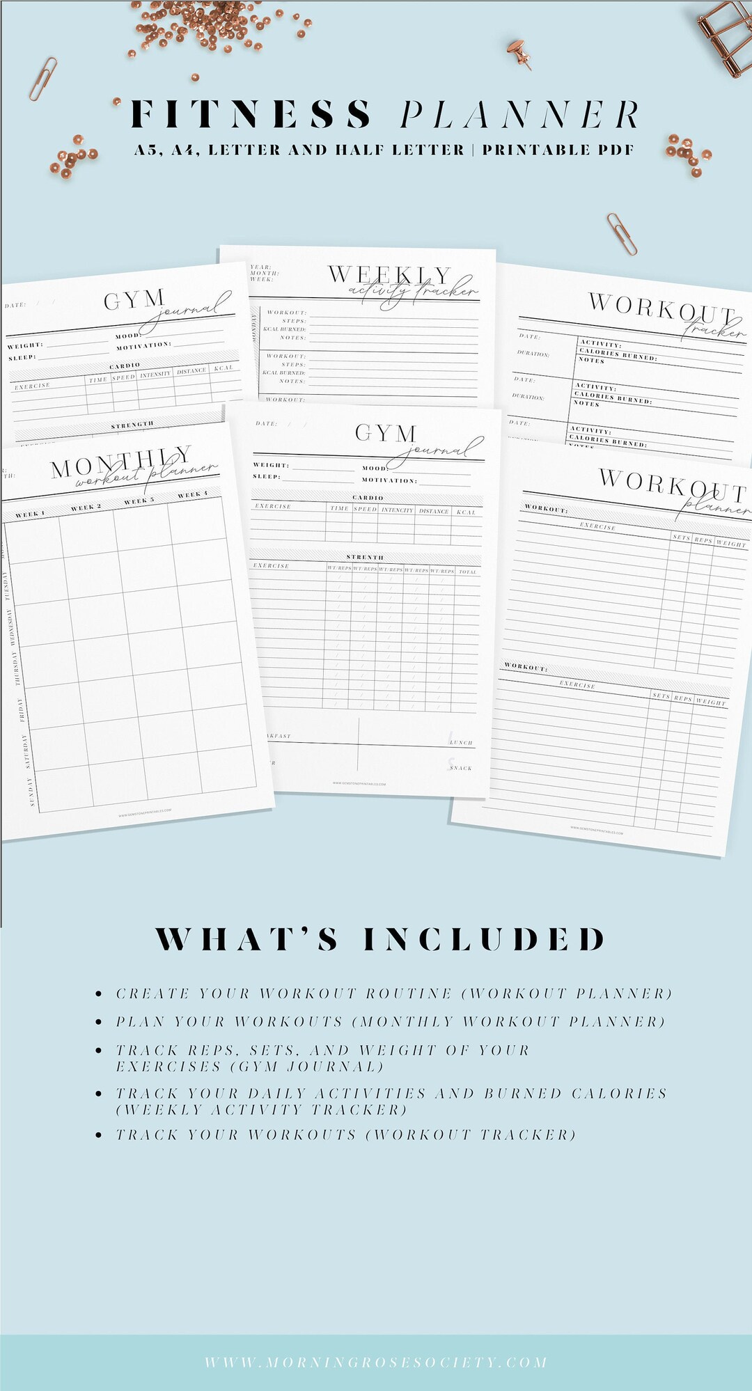 Fitness Planner Printable Inserts. Printable Workout Journal. A4, A5 ...