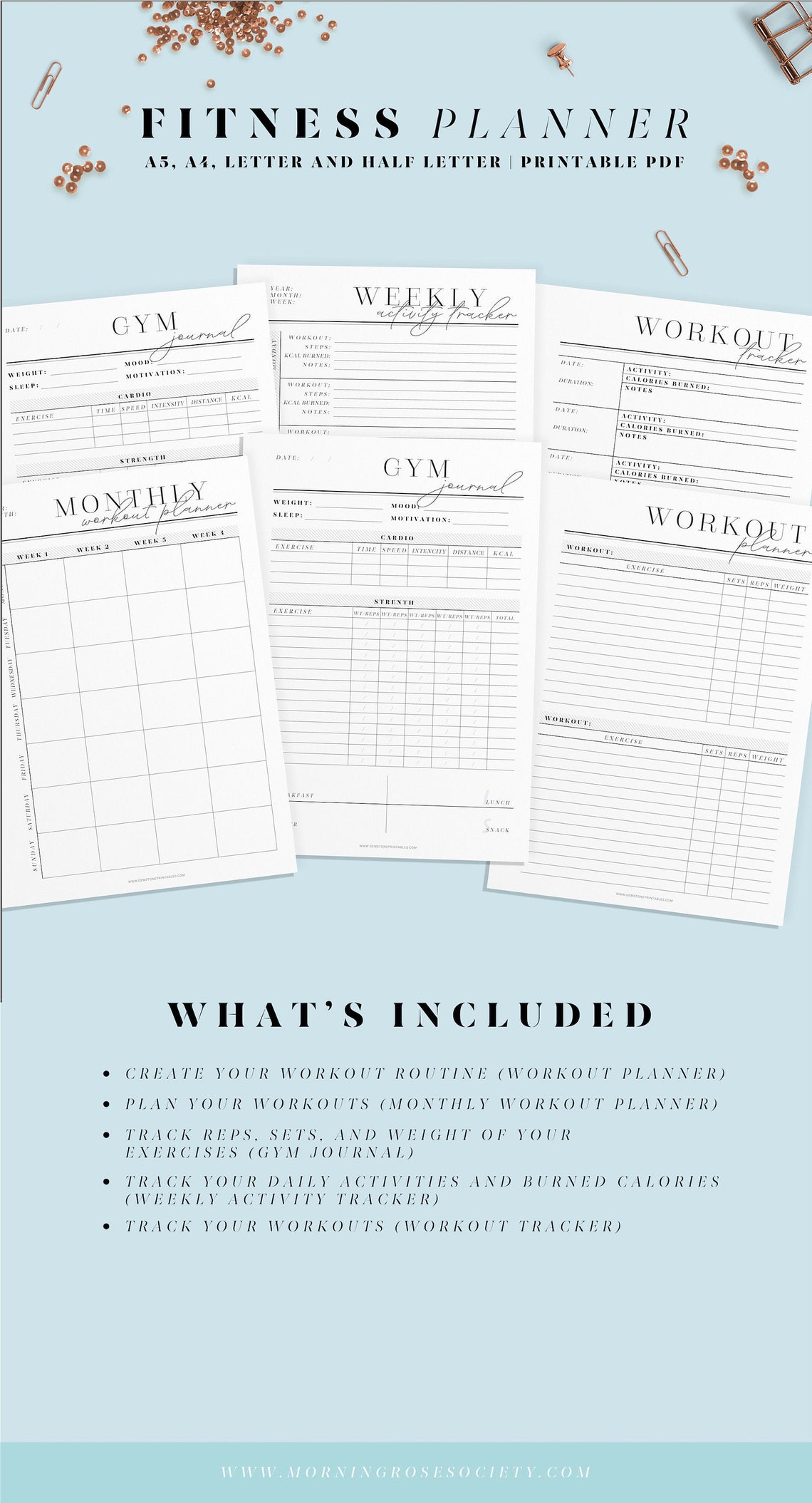 Fitness Planner Printable Inserts. Printable Workout Journal. A4, A5