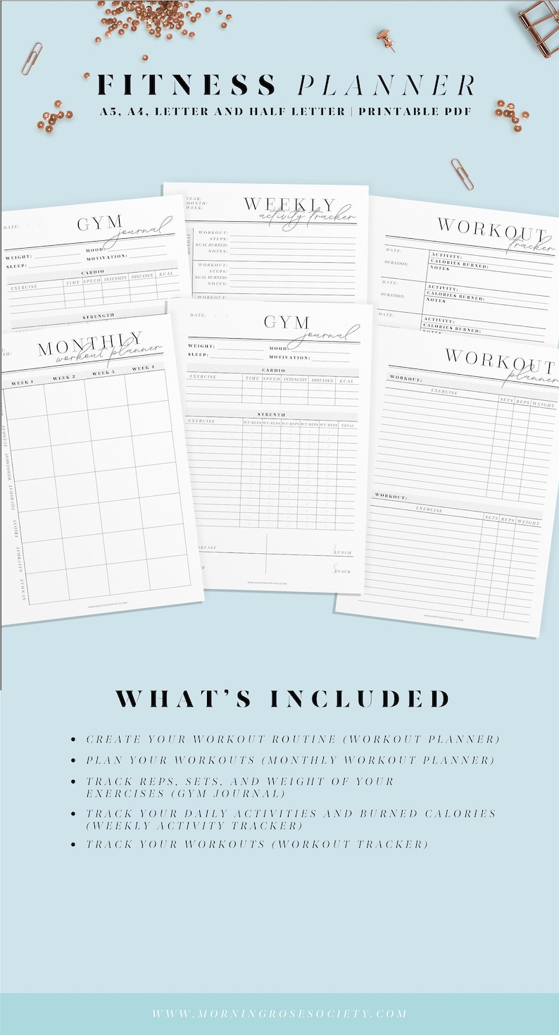 Fitness Planner Printable Inserts. Printable Workout Journal. A4, A5 ...