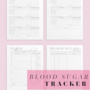 May include: Printable blood sugar tracker with weekly and daily log sheets. The tracker includes sections for meals, water intake, workout, bedtime, time, blood sugar readings, and notes.