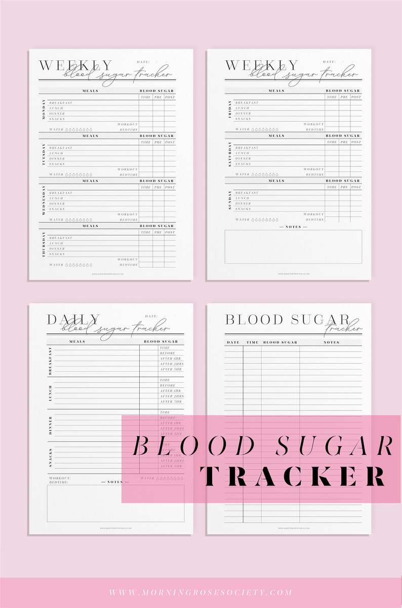May include: Printable blood sugar tracker with weekly and daily log sheets. The tracker includes sections for meals, water intake, workout, bedtime, time, blood sugar readings, and notes.