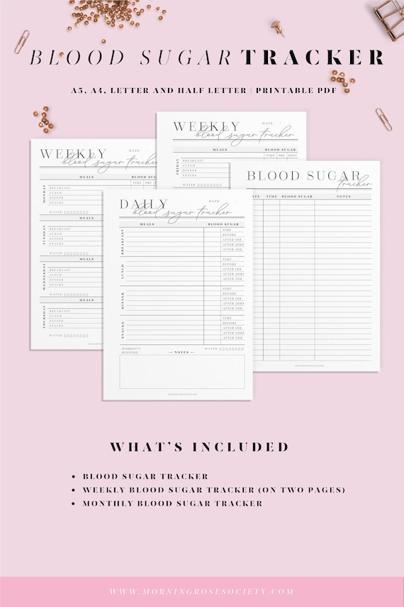 Blood sugar log. Diabetes log printable pdf template. A4, A5, Letter and Half letter size inserts.