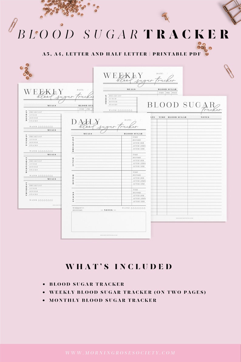 May include: Printable blood sugar tracker in black and white. The tracker includes a weekly and daily log for tracking blood sugar levels, meals, and notes. The tracker is available in A5, A4, Letter, and Half Letter sizes.