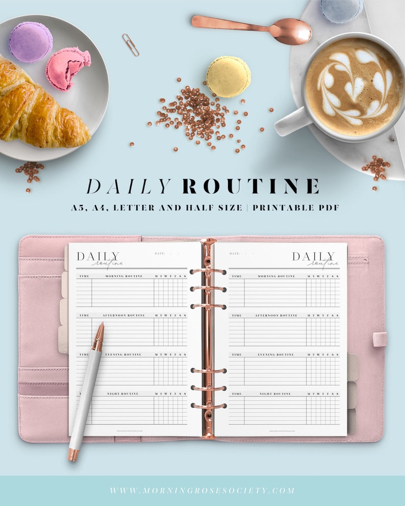 May include: A pink and white daily routine planner with a rose gold binder. The planner has sections for morning, afternoon, evening, and night routines. The text "DAILY routine" is printed on the cover.
